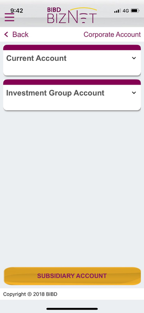 BIBD Biznet Mobile corporate account screen showing current and investment group accounts
