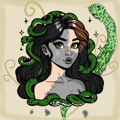 realistic girl with snakes as hair