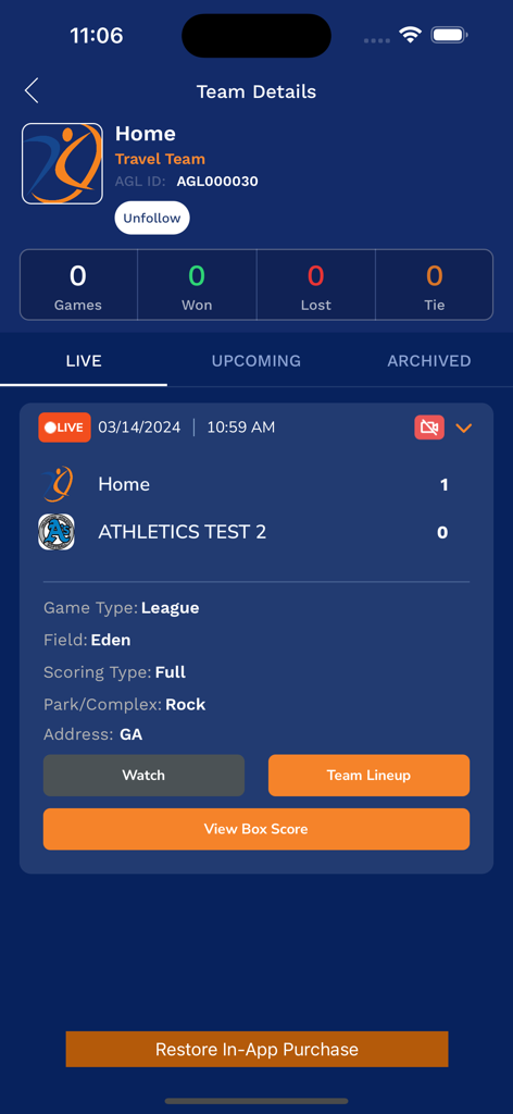 AthletesGoLive - A mobile app interface of AthletesGoLive displaying live sports team details game scores and streaming options