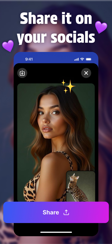 A mobile app interface showing an AI-generated photo of a woman next to a cat photo with a social media share button.