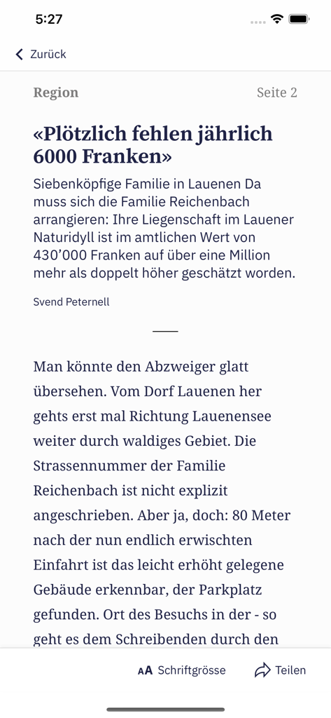 Digital article view in the BZ Thuner Tagblatt E-Paper app with font size controls