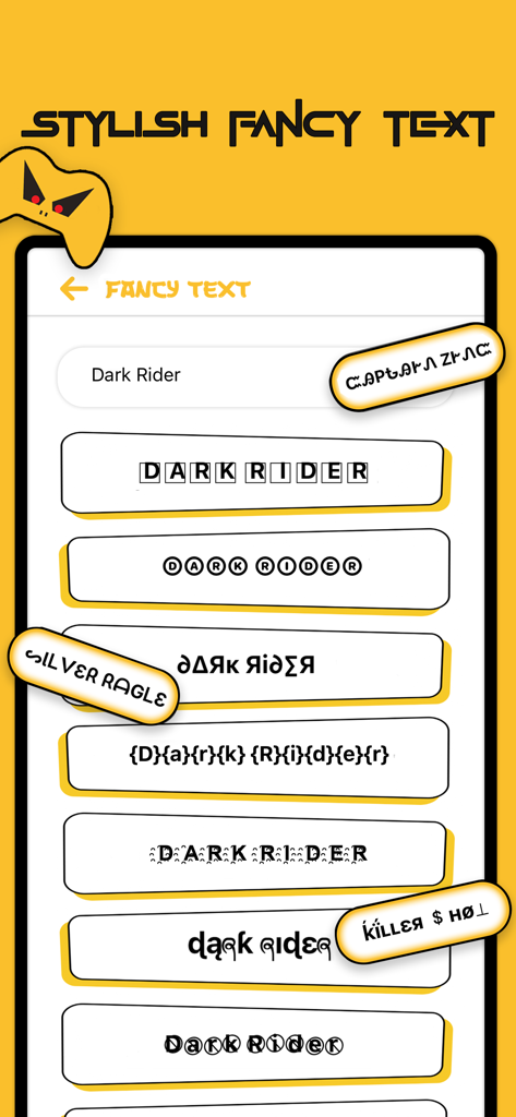 Una interfaz de aplicación móvil que muestra múltiples variaciones de fuente elegantes para el nombre de usuario Dark Rider.
