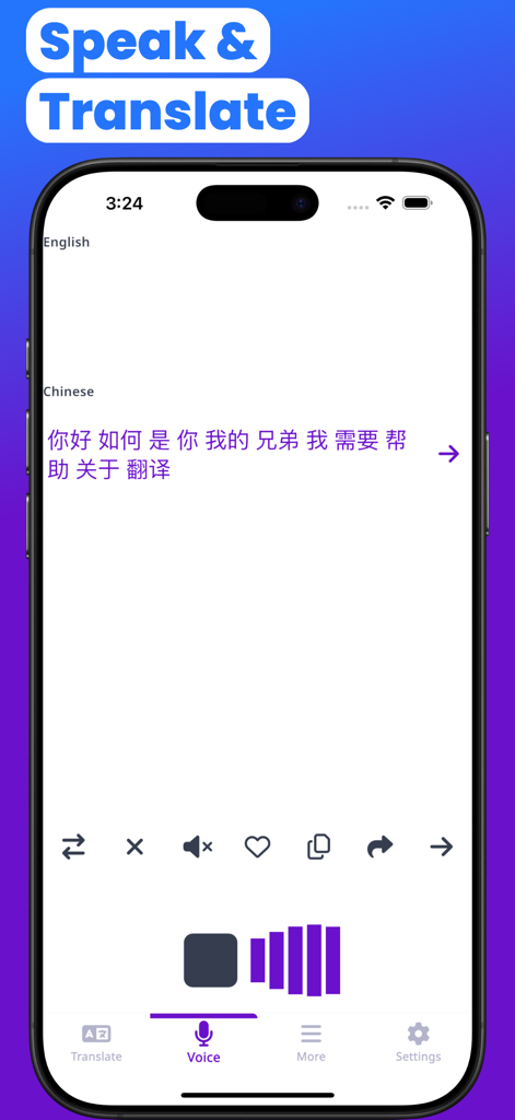 Mandarin-English Translator - Mandarin-Englisch Übersetzer App-Bildschirm zeigt die Sprache-und-Übersetzung-Sprachfunktion auf einem iPhone