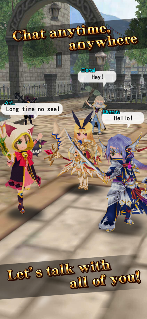 Anime style characters interacting through the real-time chat system in Elemental Knights R
