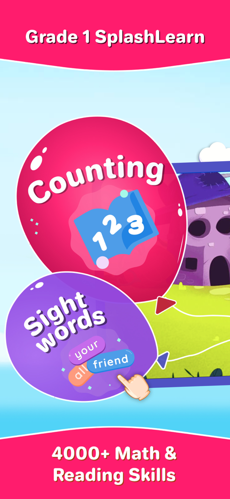 Grade 1 SplashLearn app interface showing counting and sight words modules