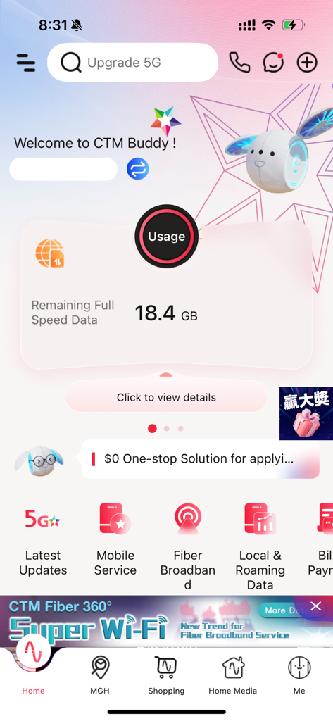CTM Buddy app home screen showing 18.4GB remaining data usage and service icons.