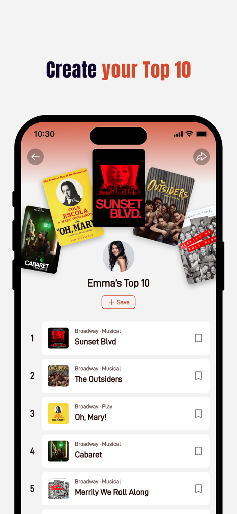 A mobile interface for the Theatr app showing a user profile with a ranked Top 10 list of Broadway shows like Sunset Blvd and Cabaret.
