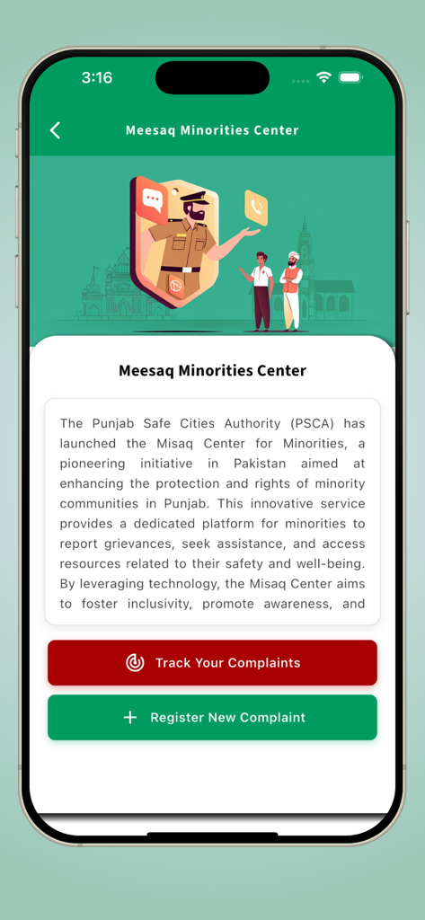 Interface of the Meesaq Minorities Center within the PSCA Public Safety app for reporting and tracking complaints.