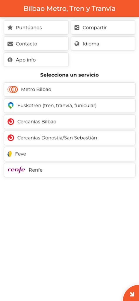 Bilbao Metro, Tren y Tranvía - Menú principal de la aplicación de transporte de Bilbao mostrando varias opciones de servicio de metro y tren
