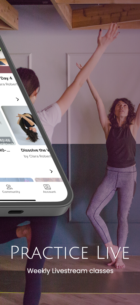 Practice with Clara - A woman performing a tree pose in a living room during a live yoga class on the Practice with Clara app