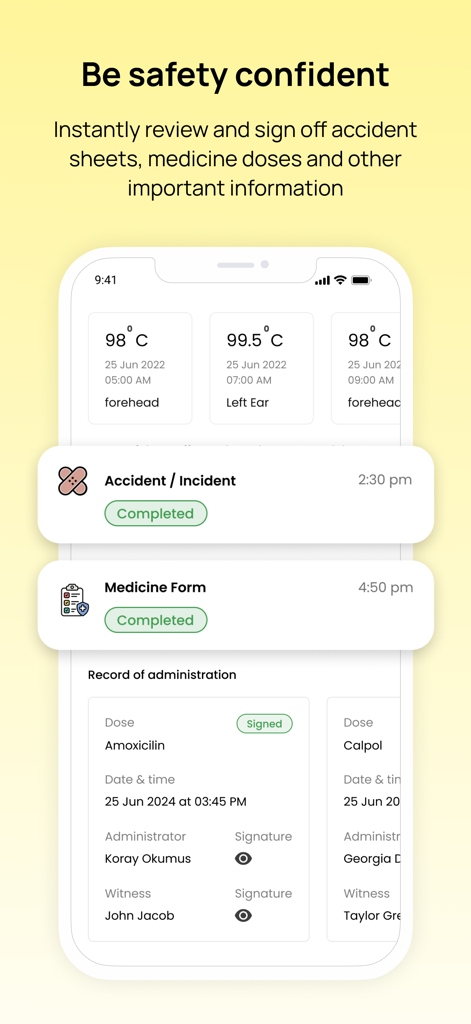 保育園のお子様向けeyparentモバイルアプリが事故報告書と投薬記録を表示