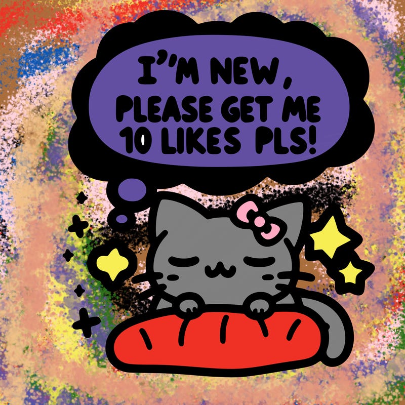 kitty taking a nap dream talking and saying "i'm new, please get me at least 10 likes pls!!"