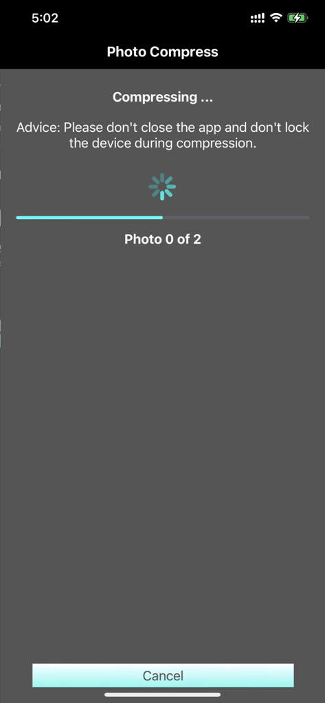 Photo Compress - Shrink Pics - Capture d'écran de l'application Photo Compress montrant une barre de progression et une icône de chargement pendant le processus de compression de l'image