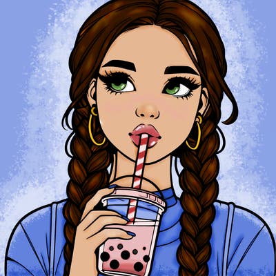 realistic girl with braided hair drinking boba