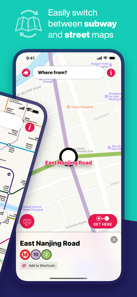 상하이 지하철 앱 인터페이스에 동난징로의 지하철 노선 전환 기능이 있는 거리 지도 보기 표시