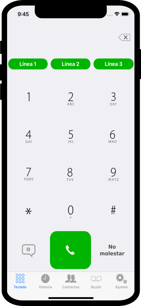 Voip Duocom - softphone SIP - Voip Duocom app interface showing a numeric keypad for making calls with three separate line options and a do not disturb toggle.