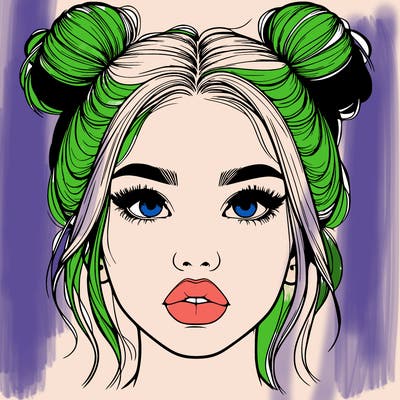realistic girl with two buns on her hair and lips