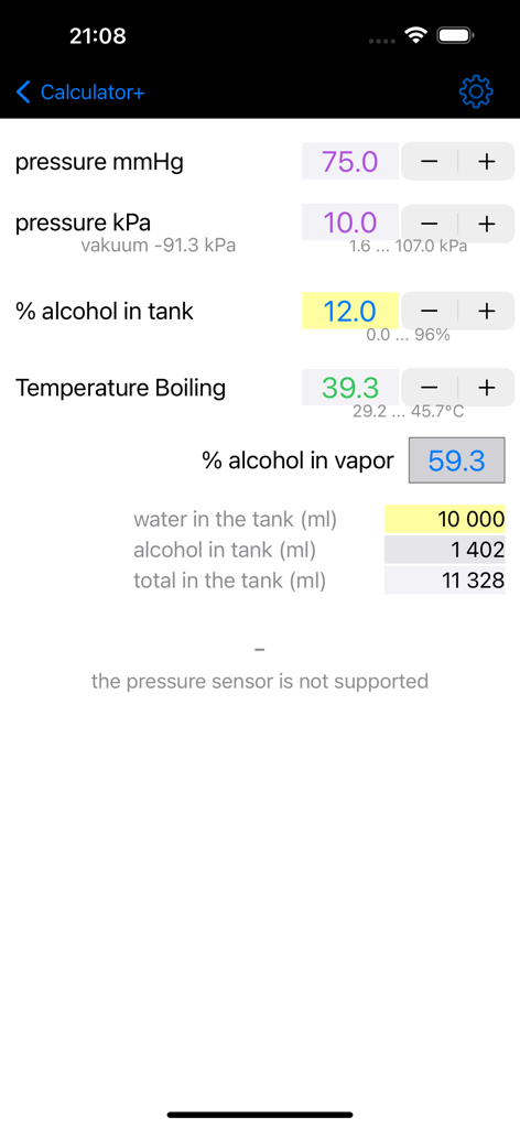 Oberfläche der Alkoholrechner-App mit Berechnungen für Druck, Siedetemperatur und Alkoholdampfkonzentration.