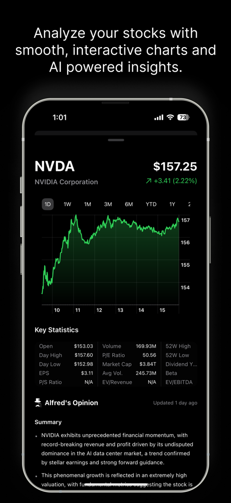 Alfred -Stock Market & Trading - Alfred app interface showing NVIDIA stock chart and AI analysis summary