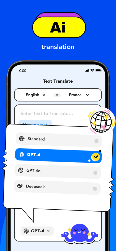 AI Chat Translator:Voice&Photo - GPT-4やDeepseekなどのAI翻訳エンジンの選択を表示するモバイルアプリのインターフェース