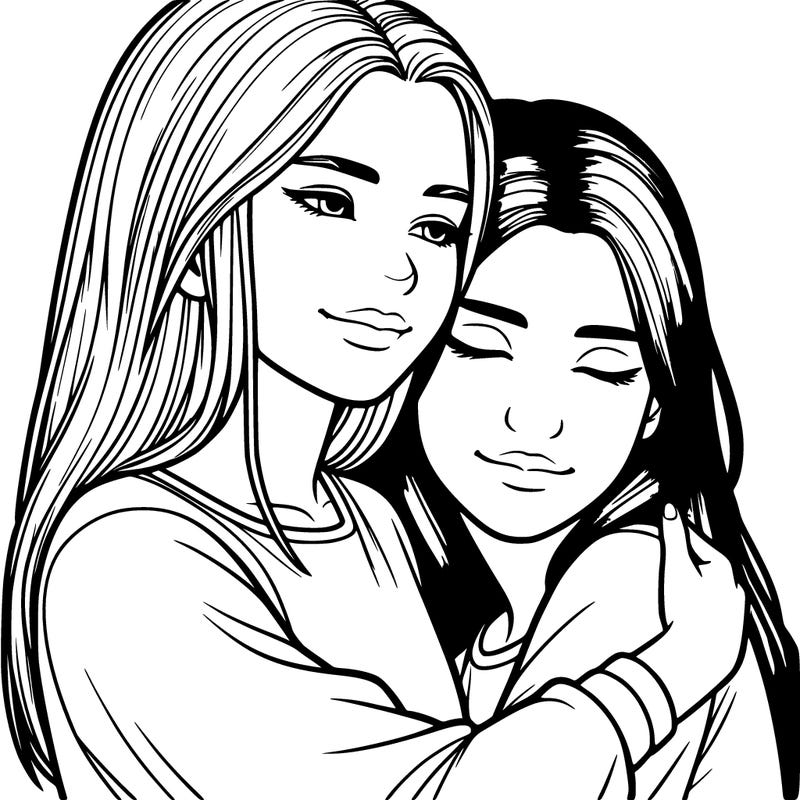 two realistic girls hugging (one with long hair one with short hair)