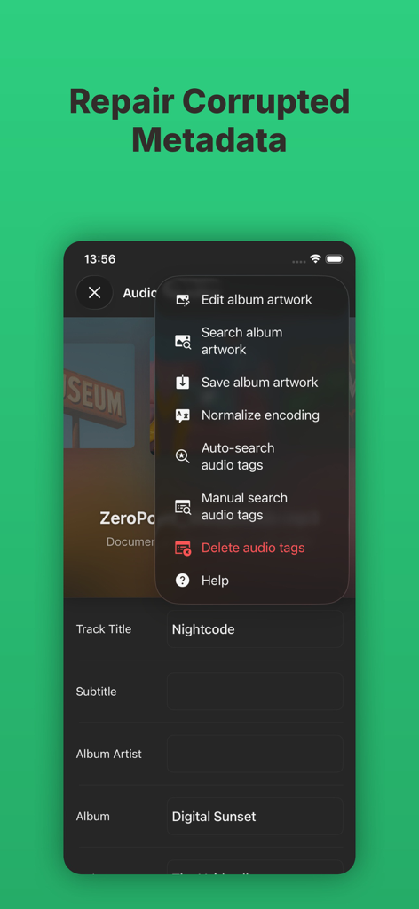 Evertag: Music Tag Editor - Smartphone screen showing the repair corrupted metadata menu in the Evertag music tag editor app