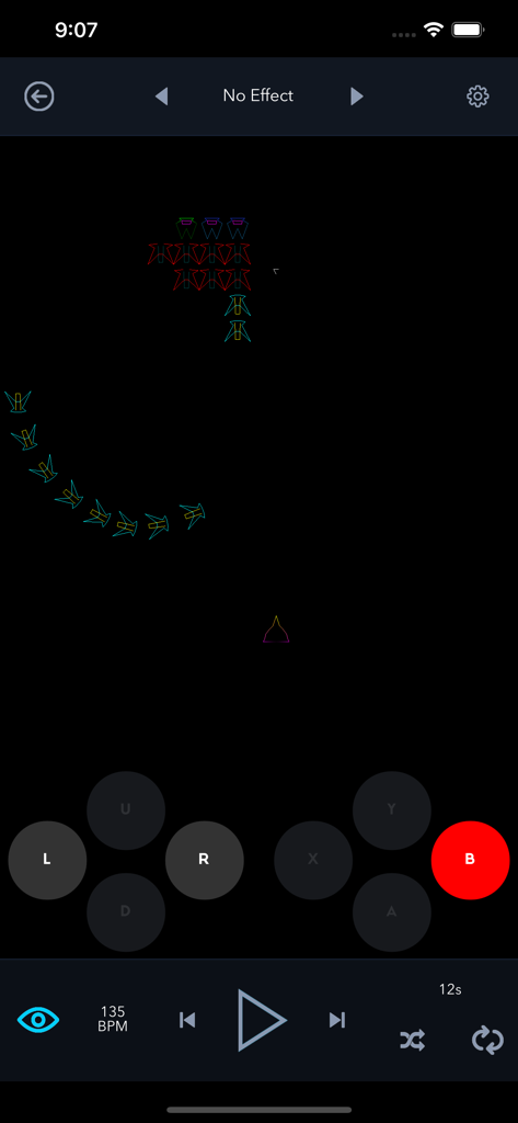 LaserOS - LaserOS mobile app interface showing a playable laser game with retro space shooter graphics and virtual gamepad controls