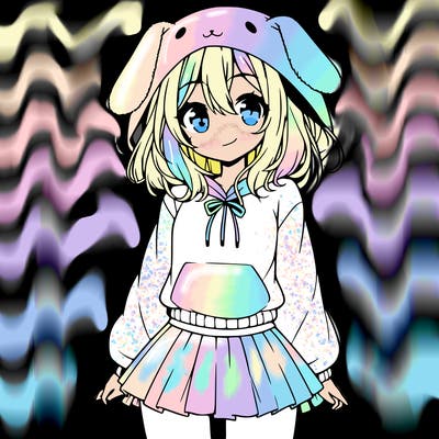 pretty anime girl wearing a fluffy hoodie with bunny ears on the hood and a skirt