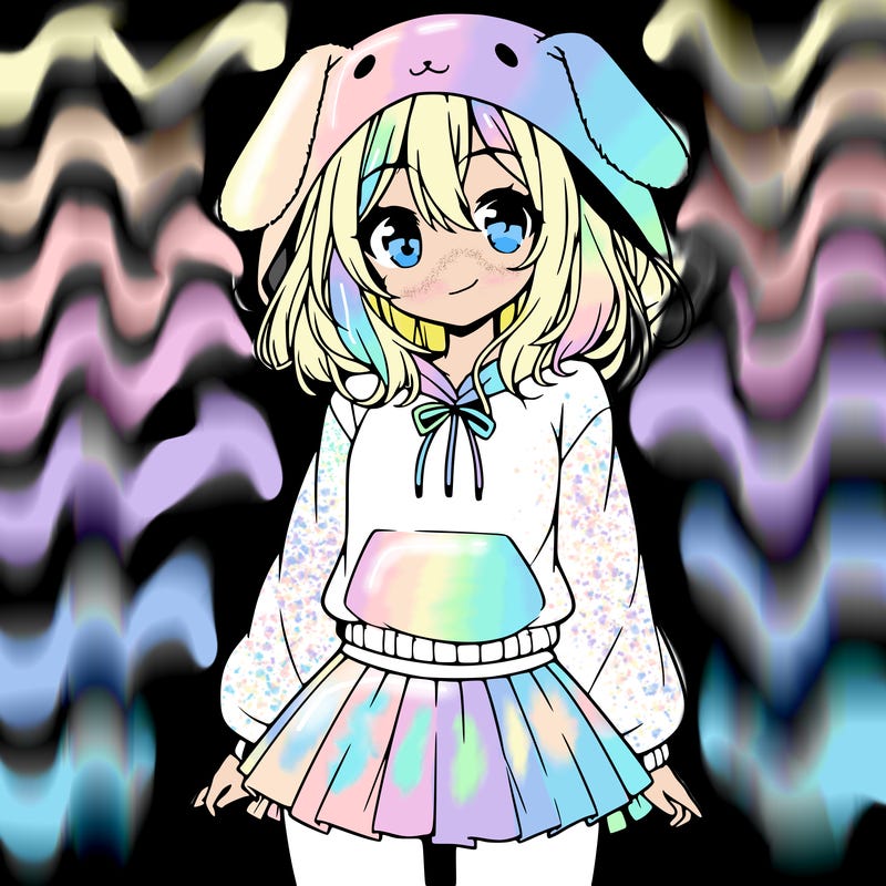 pretty anime girl wearing a fluffy hoodie with bunny ears on the hood and a skirt