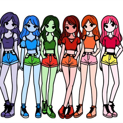 a group of girls wearing crop tops and shorts