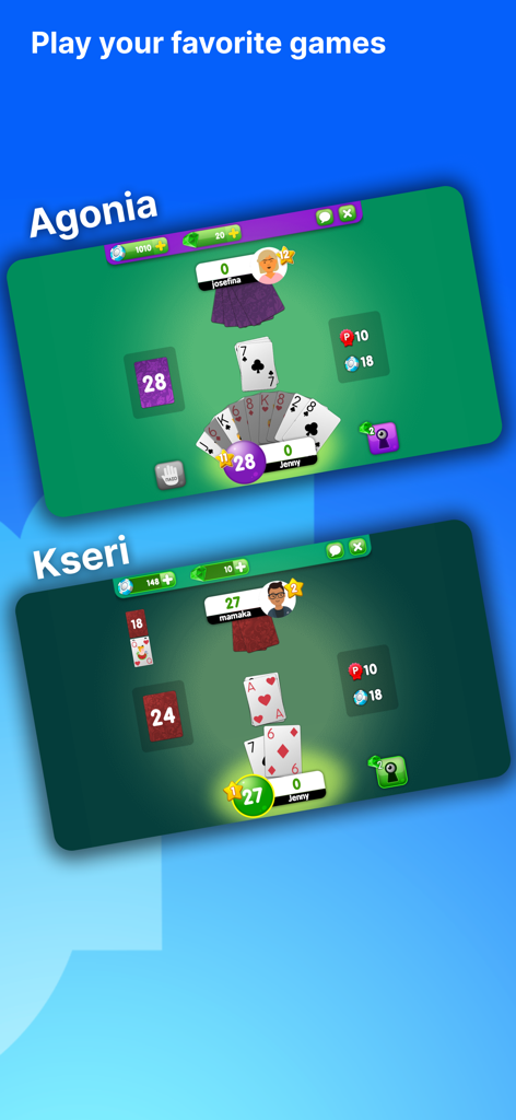 Mobile Bildschirmansicht des Gameplays traditioneller griechischer Kartenspiele Agonia und Kseri auf Zoo.gr