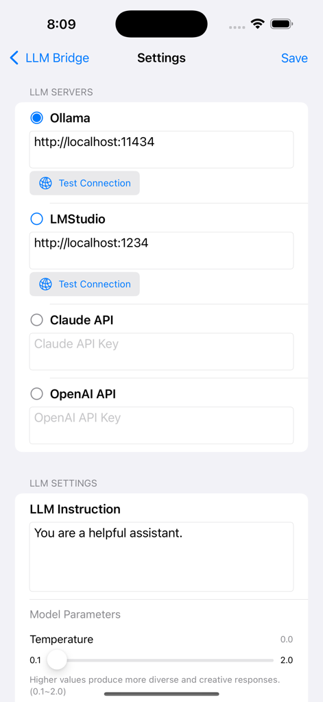 LLM Bridge - Multi LLM Client - Settings screen for configuring LLM servers and model parameters in the LLM Bridge app