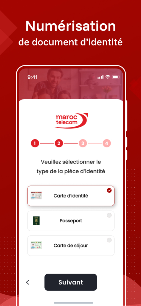 Maroc Telecom Identification Jawal app interface showing the selection of identity document type