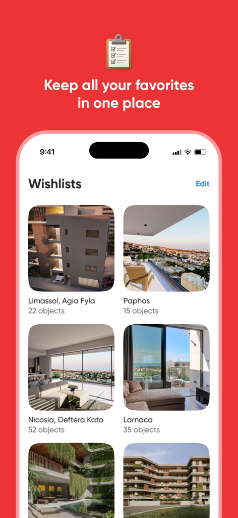 DOM Real Estate app wishlist screen displaying saved property listings in Cyprus cities