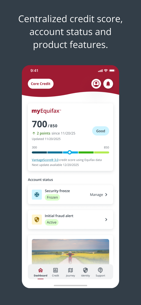 myEquifax app dashboard showing a credit score of 700 and account security status