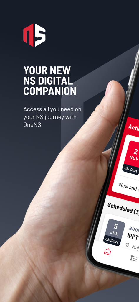 Un smartphone affichant l'interface de l'application OneNS avec le texte Votre nouveau compagnon numérique NS