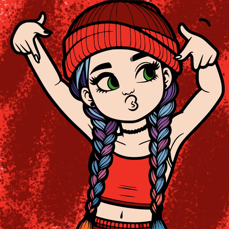 realistic teenage girl with braids and a beanie and crop top doing 🫶🏼