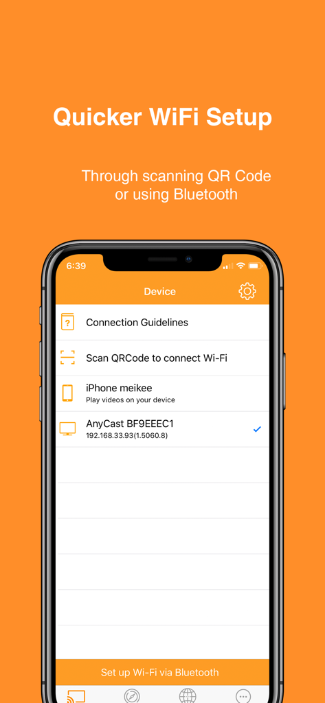 Interfaz de la aplicación EZMira mostrando opciones rápidas de configuración WiFi con código QR y conectividad Bluetooth