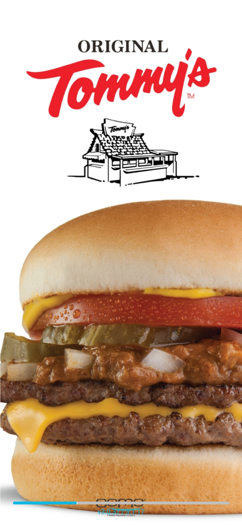 Original Tommy's - Pantalla de inicio de la app Original Tommys con una hamburguesa de chili y queso insignia