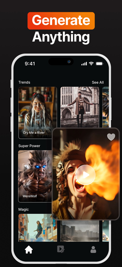 Interface do aplicativo móvel Hedra AI mostrando uma variedade de estilos de geração de vídeo com IA e categorias de tendências virais
