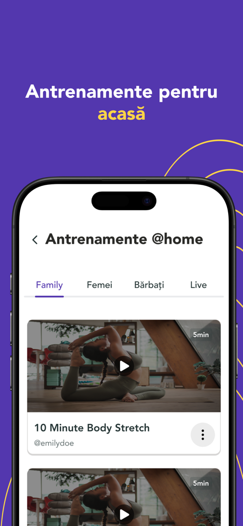ESX mobile app screen showing categories for home workout videos including family women and men
