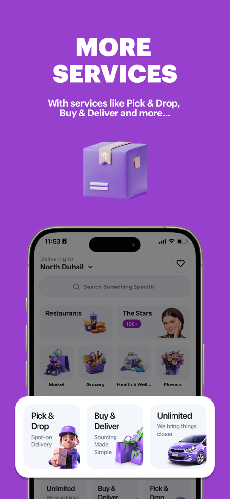 Rafeeq mobile app showing pick and drop and buy and deliver services.
