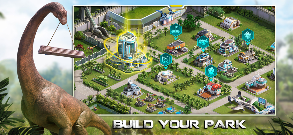 De-Extinct: Jurassic Dinosaurs - A large dinosaur assists with construction next to an overhead view of a futuristic research park layout in the game De-Extinct.