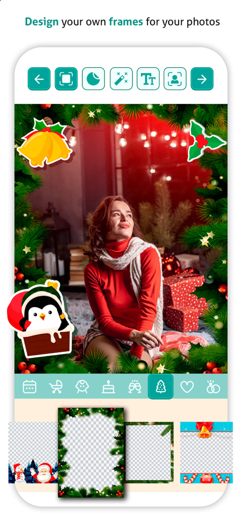 2026 photo frame editor app - Interface de um aplicativo editor de molduras com uma borda natalina festiva e adesivos na foto de uma mulher