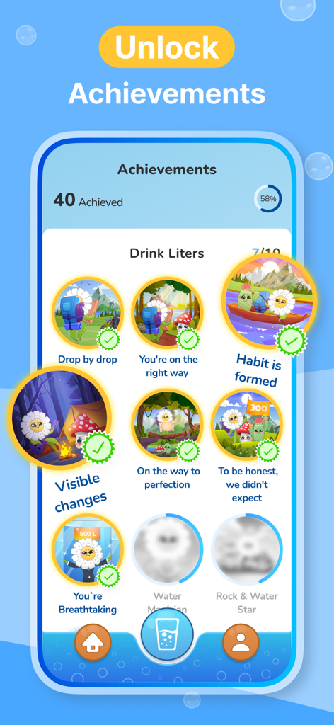 Aqua Pal: Water Tracker - Gamified achievements and badges screen in the Aqua Pal water tracker app featuring a cute flower character.