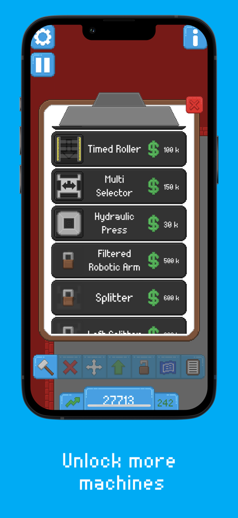 Assembly Line! - A menu screen in the Assembly Line! app showing a list of machines to unlock with prices.