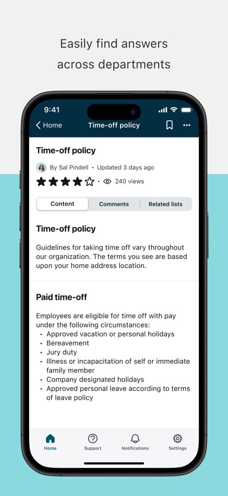 Now Mobile - Application Now Mobile affichant une page de politique de congés de l'entreprise