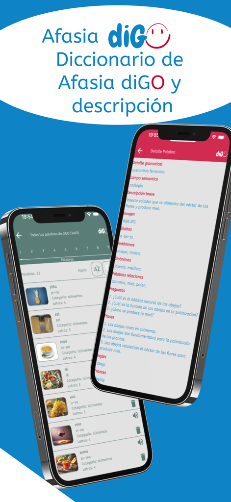 AFASIA diGO - Interfaz de la app Afasia diGO mostrando el diccionario de afasia y las pantallas de descripción detallada de palabras para logopedia.