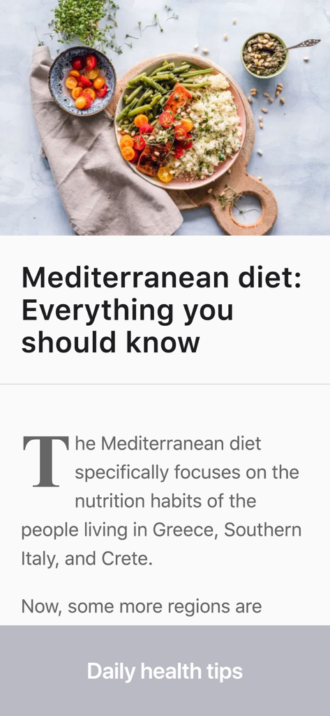 Educational article about Mediterranean diet nutrition habits with a healthy salmon and vegetable bowl in the FitBerry app