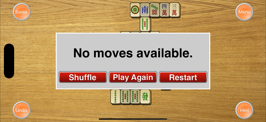 Mahjong Classic game screen displaying a no moves available message with shuffle and restart buttons